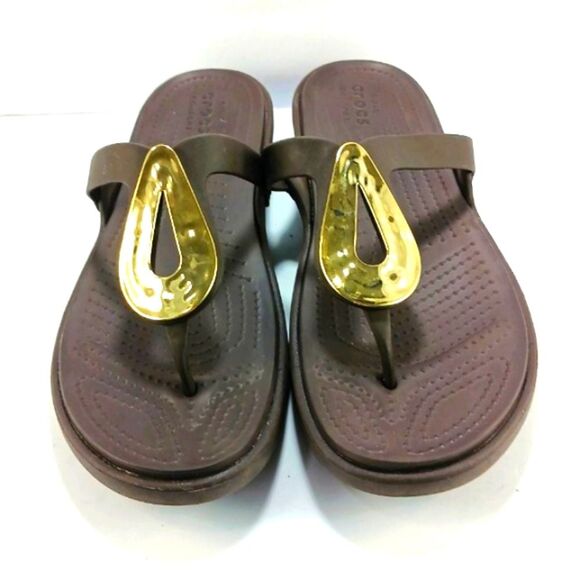 CROCS Women's Thong Sandals in Brown with Gold Accents Size 11 - Picture 5 of 9